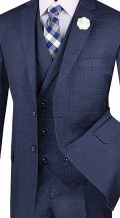 ElegantEcho Collection: Navy 3 Piece Glen Plaid Single Breasted Regular Fit Suit
