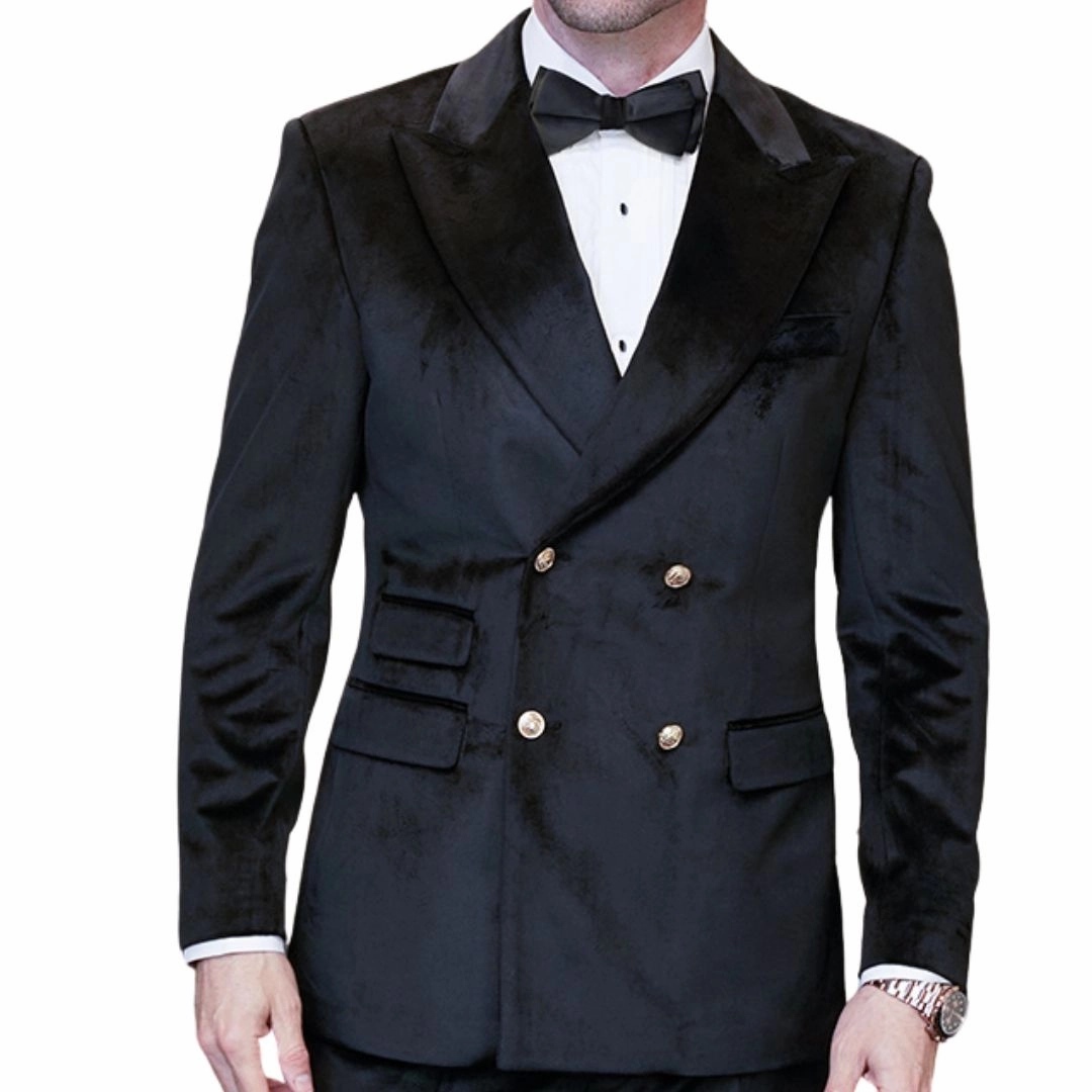 Elestian Collection: Black 2-Piece Velvet Double-Breasted Suit with Gold Buttons