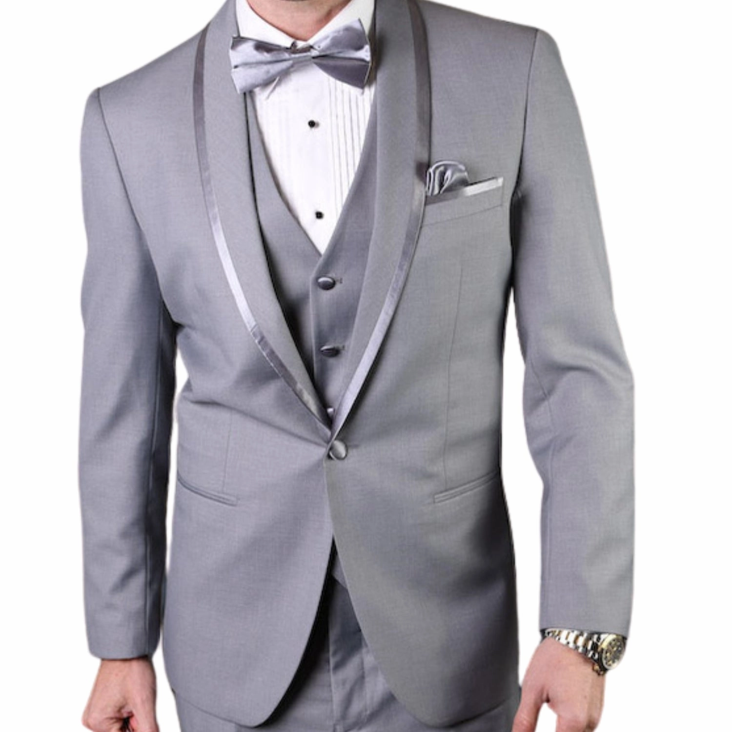 Eliot Collection: 3PC Grey Tuxedo with Flat Front Pants and Matching Bow Tie