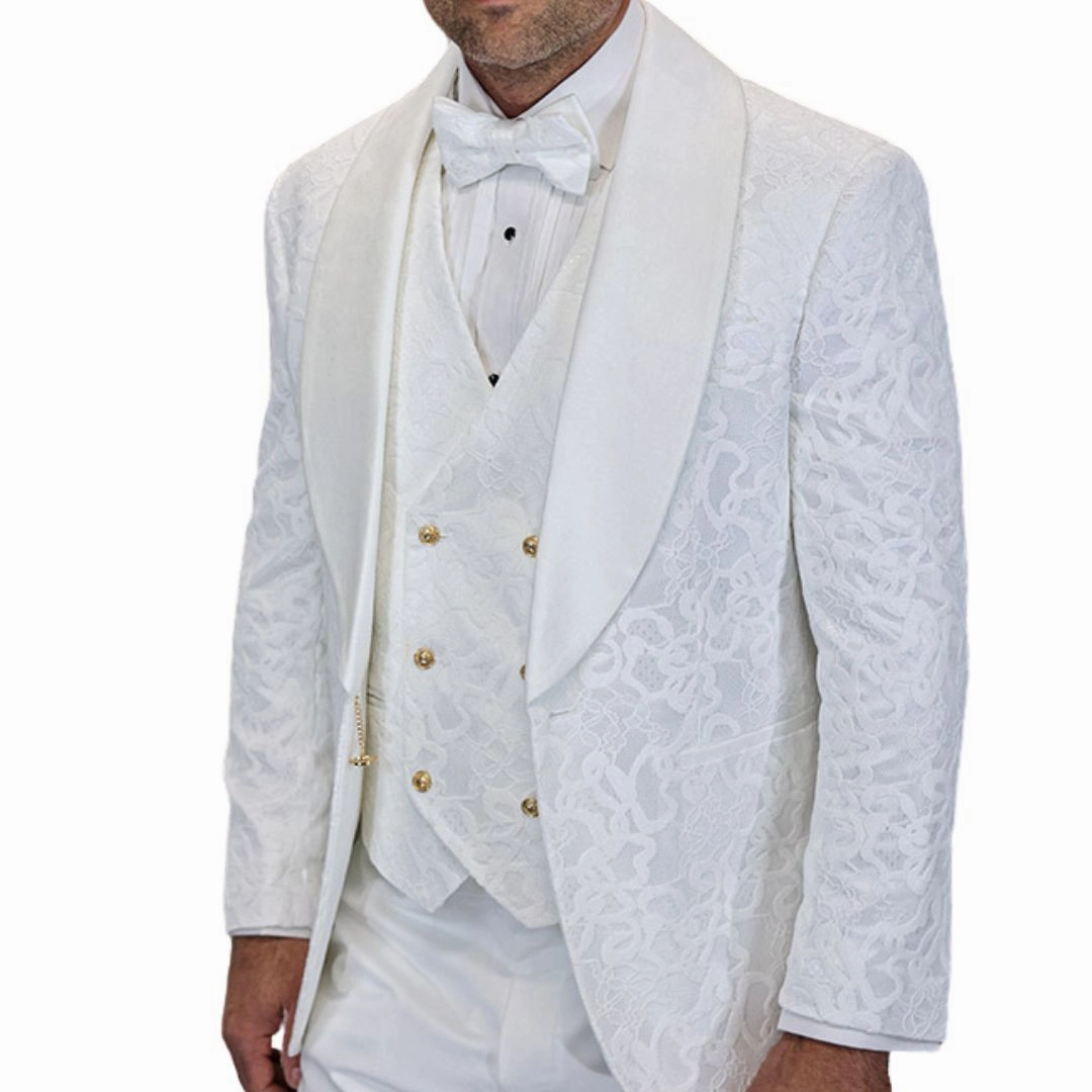 Empyrean Collection: Statement 3-Piece Ivory Velvet Tuxedo with Gold Accents
