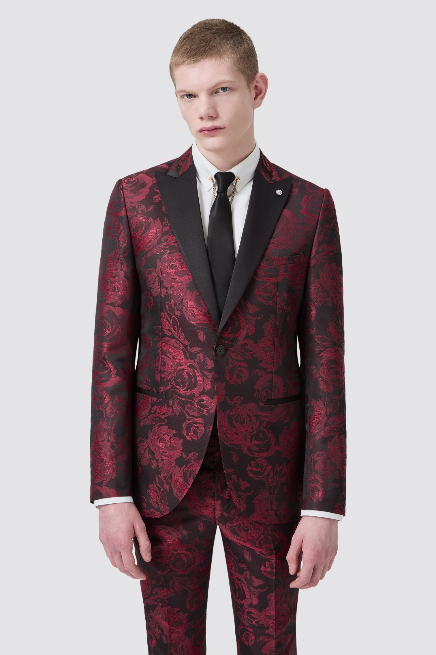 Ersat Skinny Fit Red Floral Jacquard Tuxedo