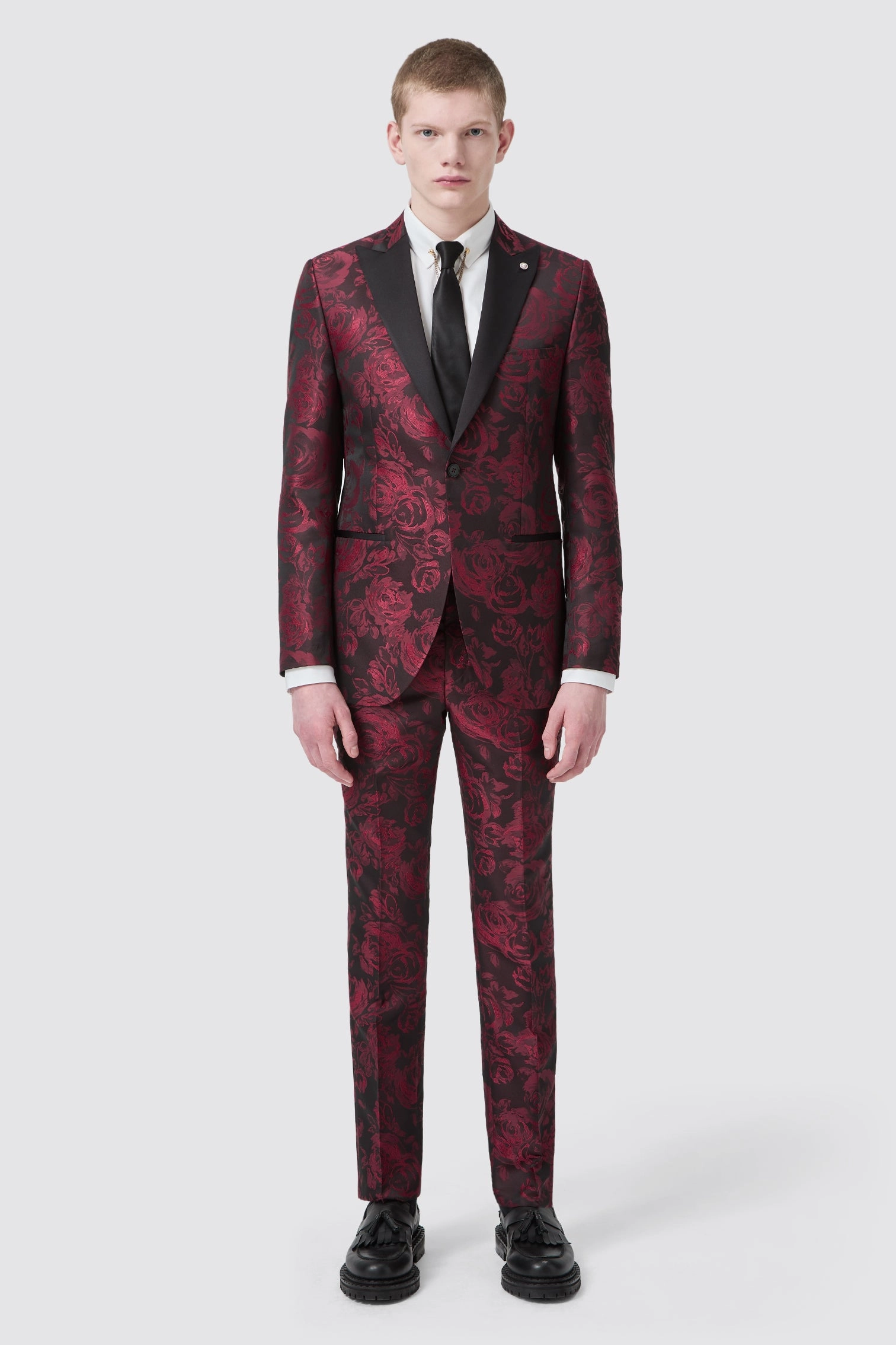 Ersat Skinny Fit Red Floral Jacquard Tuxedo