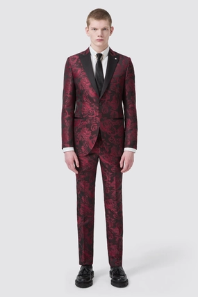 Ersat Skinny Fit Red Floral Jacquard Tuxedo