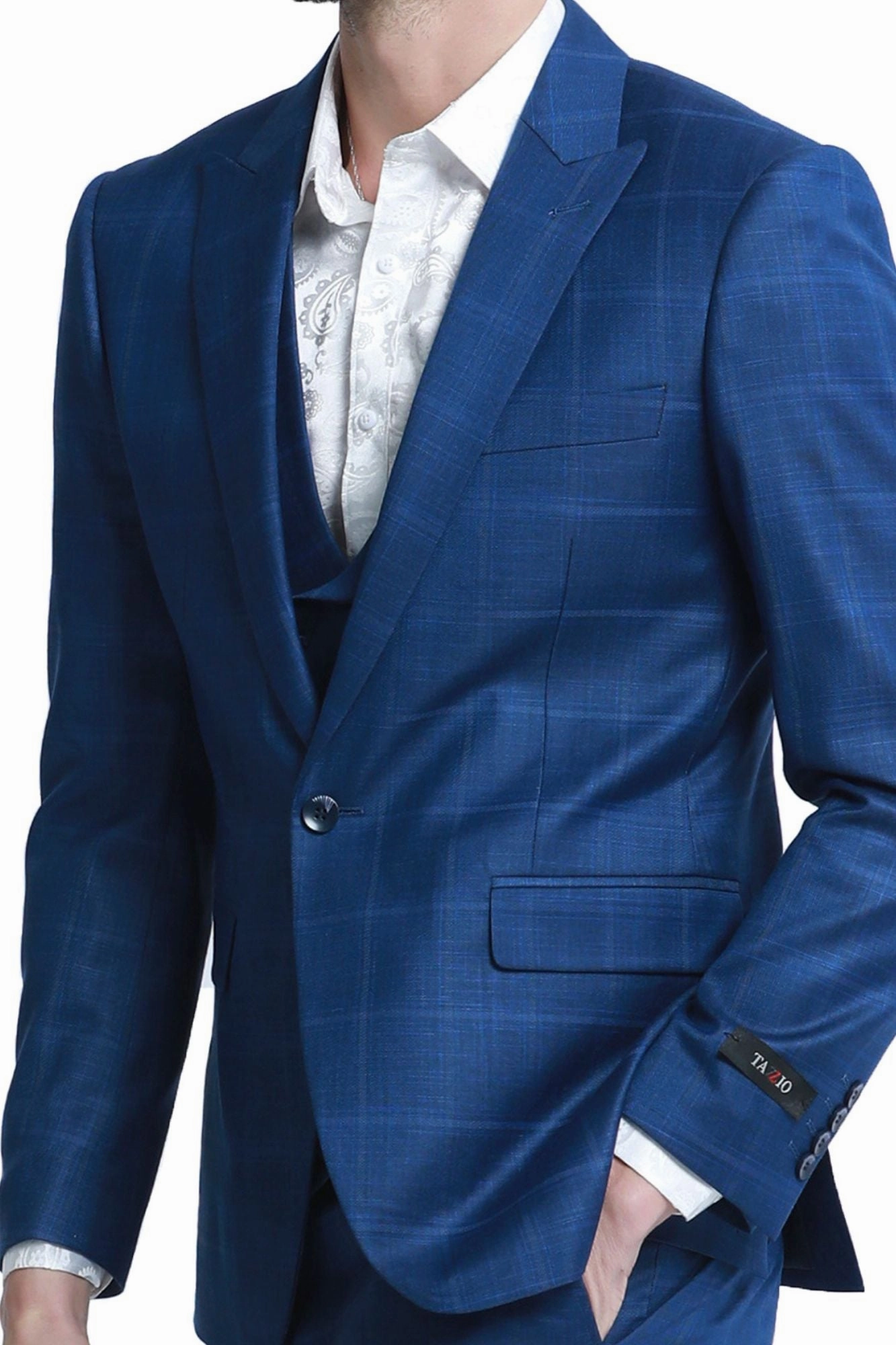 Essence Collection: Windowpane 3-Piece Slim Fit Suit For Men In Blue