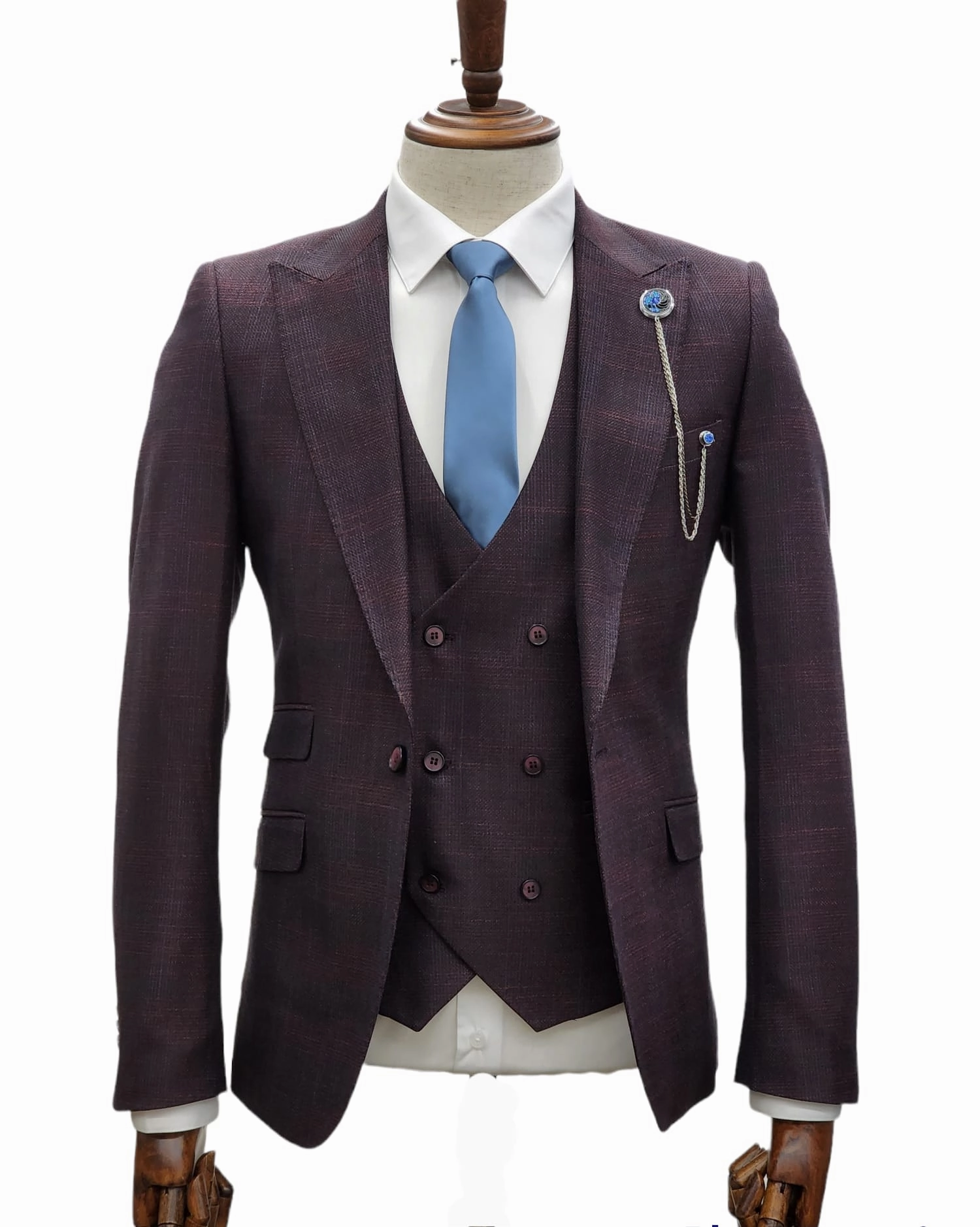 Gioavnni Tresti 1 Button 3pc Peak Lapel Slim Fit Suit GT1P V-0223 BURG/RED/PLAID