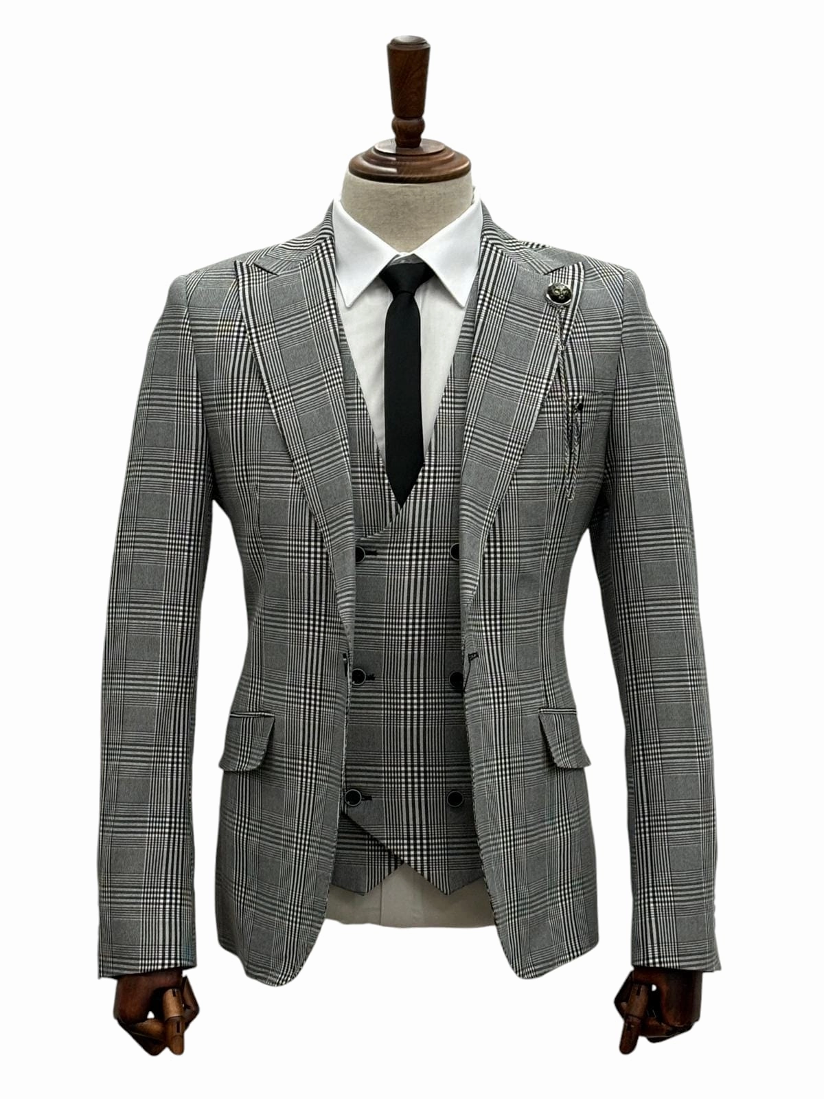 Giovanni Testi 1 Button Peak Lapel 3 Piece Slim Fit Glen Plaid Suit GT1P V-1251 BLK/WHITE PLAID