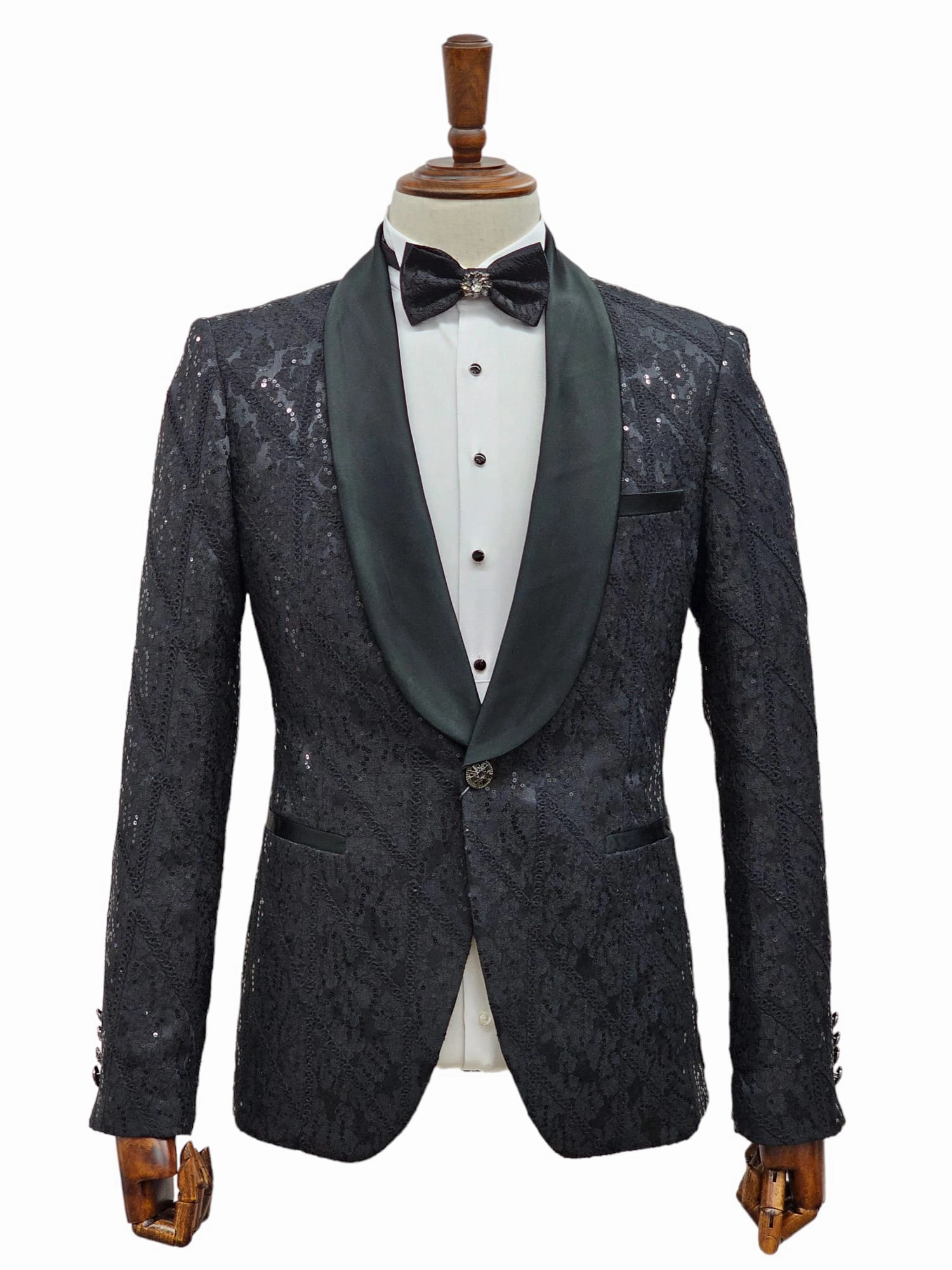 Giovanni Testi 1 Button Shawl Lapel Sequin Overlay Tuxedo EF1SX-4040 BLACK