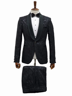 Giovanni Testi 1 Button Shawl Lapel Sequin Overlay Tuxedo EF1SX-4040 BLACK