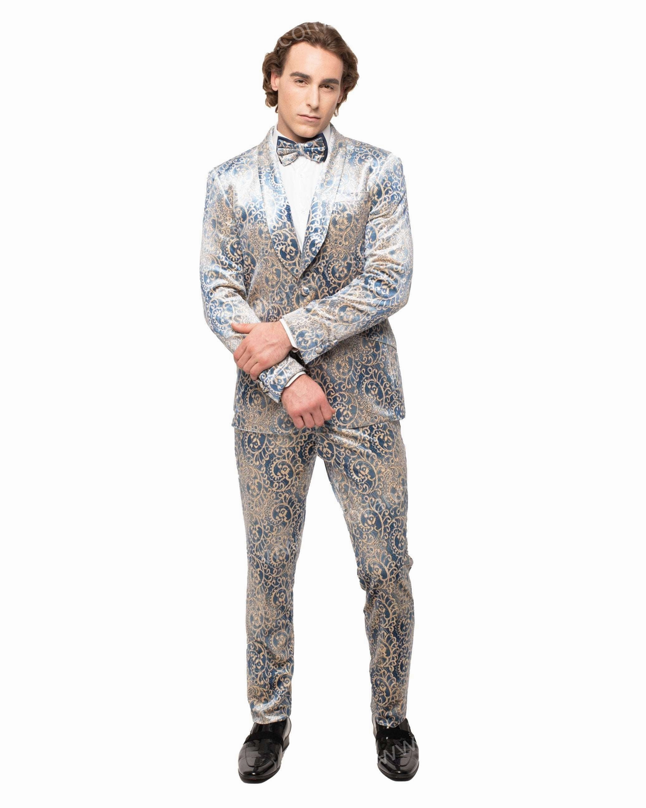 Giovanni Testi 1 Button Stretch Velvet Shawl Lapel Suit GT1S-PARI BLUE/Ivory/Gold