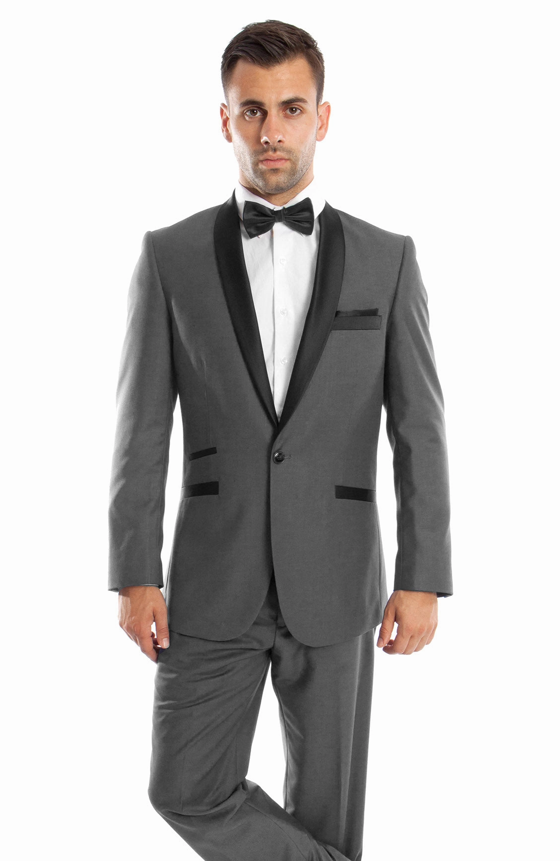 Gray / Black Solid with Black Shawl Collar Trim 2-PC Slim Fit Suits