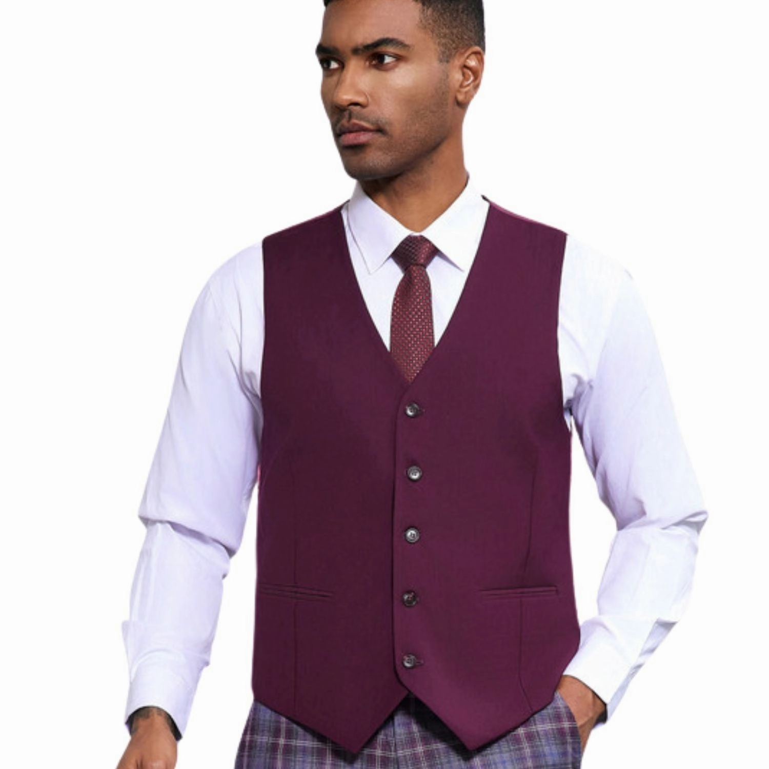 Heliotail Collection: Stacy Adams Plaid Three-Piece Suit In Wine And Grey