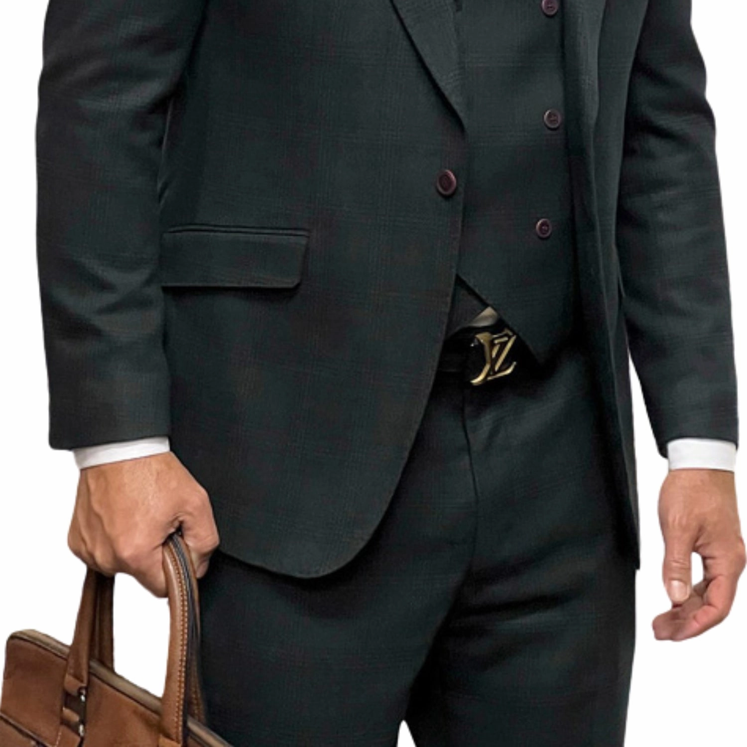 Hugo Highness Collection: Hunter Green Tweed Self Plaid 3-Piece Suit with Double-Breasted Vest - Modern Fit