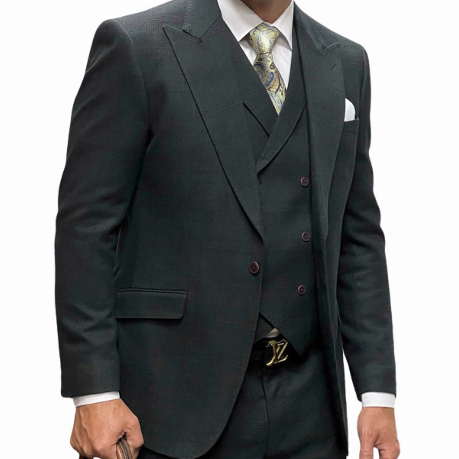 Hugo Highness Collection: Hunter Green Tweed Self Plaid 3-Piece Suit with Double-Breasted Vest - Modern Fit