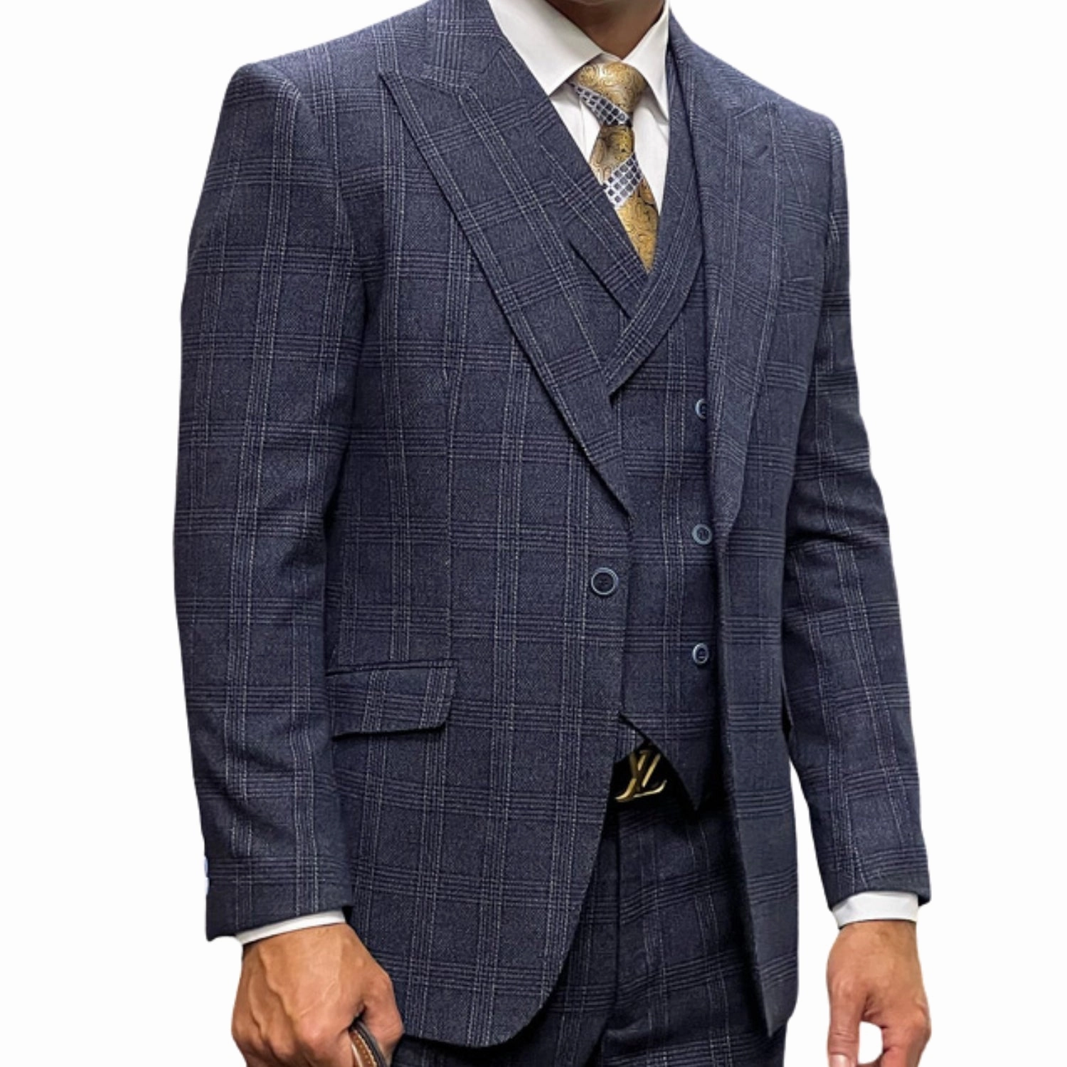 Hugo Highness Collection: Navy Tweed Self Plaid 3-Piece Suit with Double-Breasted Vest - Modern Fit
