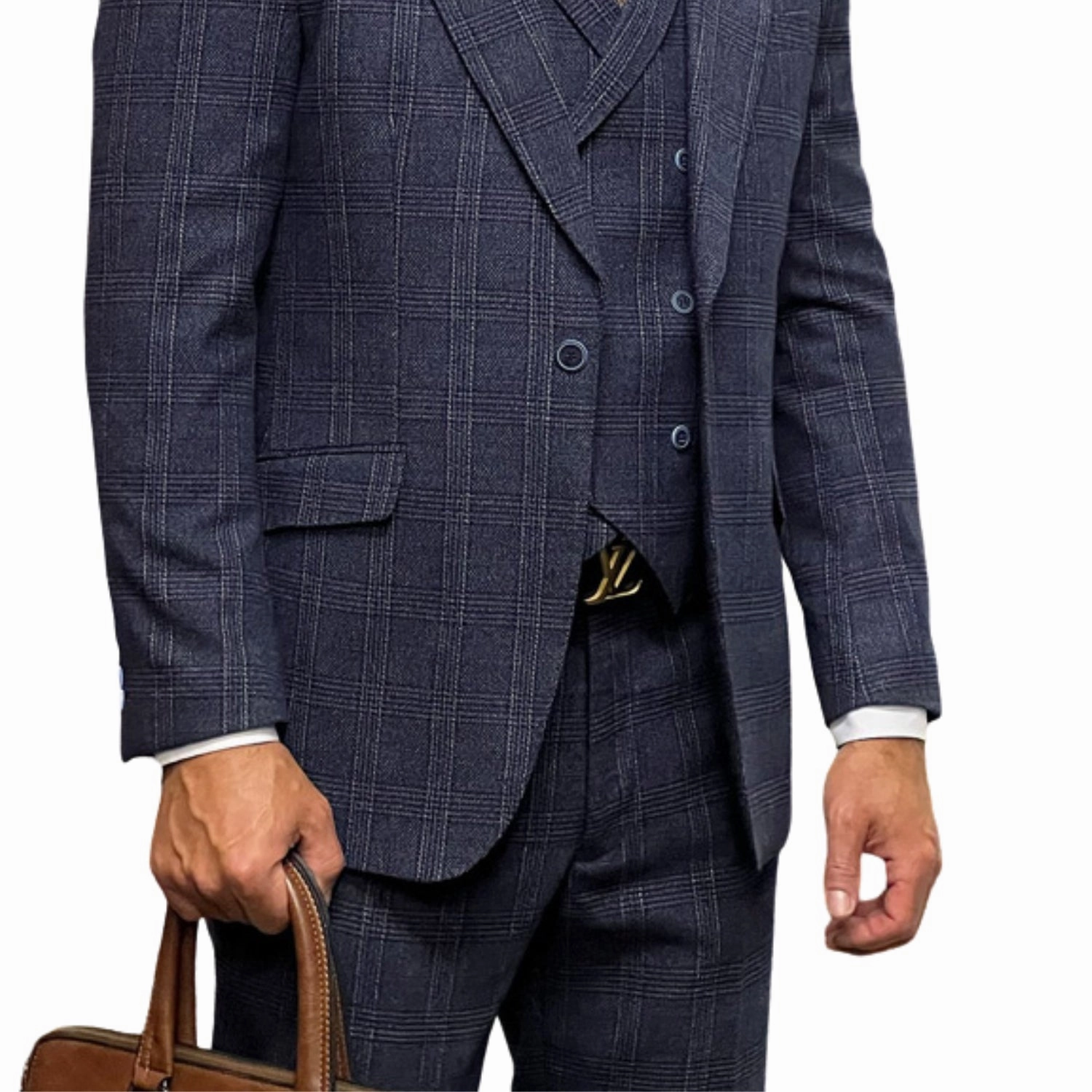 Hugo Highness Collection: Navy Tweed Self Plaid 3-Piece Suit with Double-Breasted Vest - Modern Fit