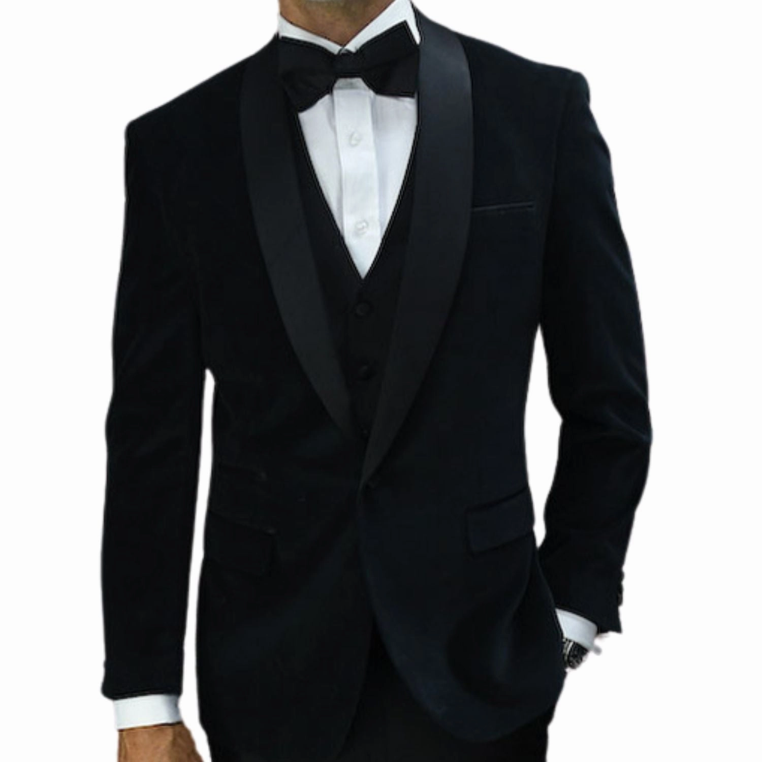 Janus Collection: 2 PC Black Velvet Suit with Bow Tie
