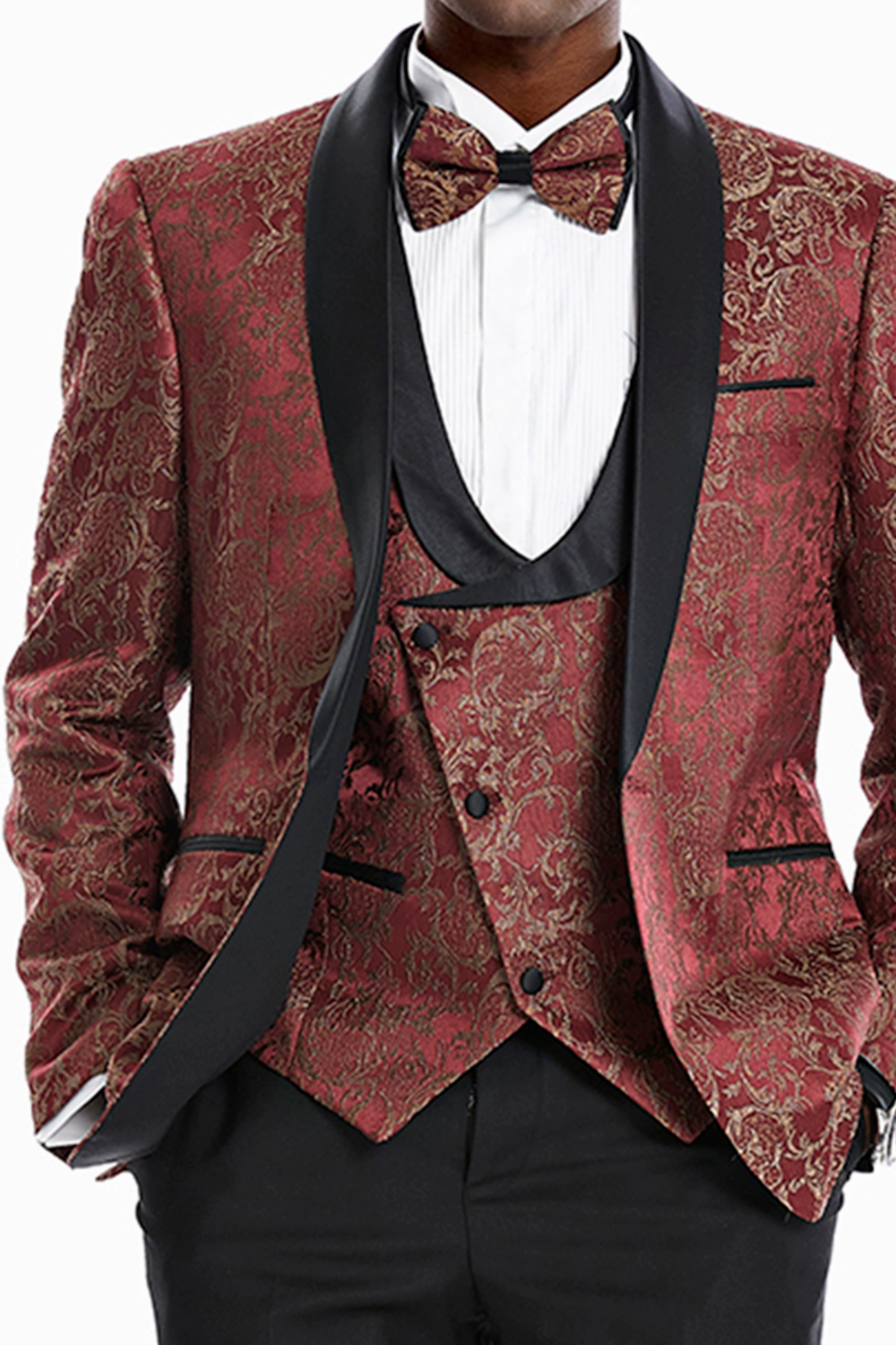 Keats Collection: Men's 3-Piece Rust/Black Gold Paisley Suit - Slim Fit