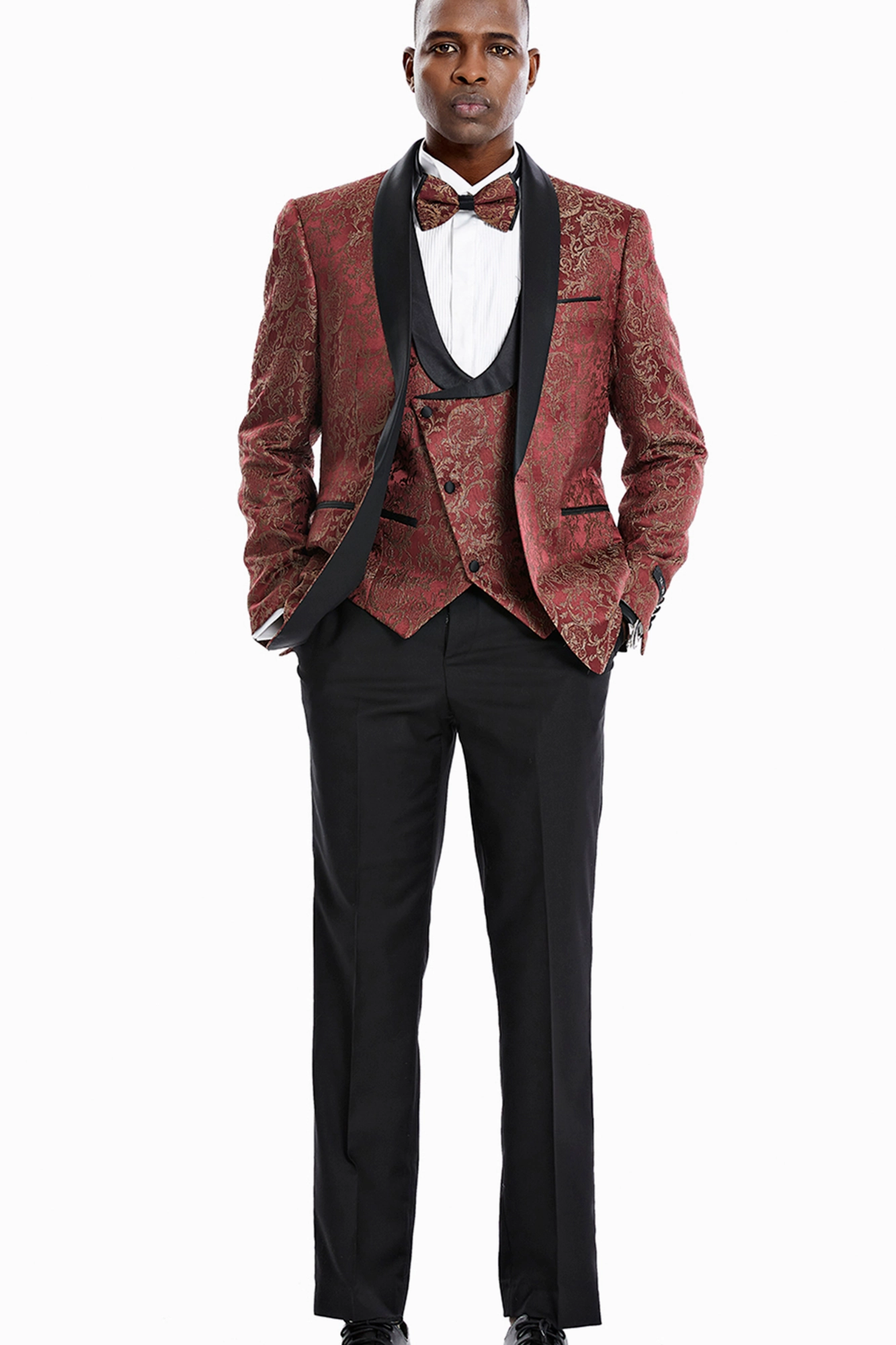 Keats Collection: Men's 3-Piece Rust/Black Gold Paisley Suit - Slim Fit