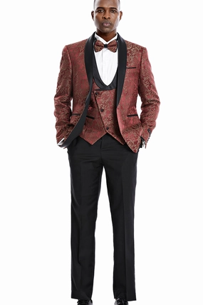 Keats Collection: Men's 3-Piece Rust/Black Gold Paisley Suit - Slim Fit