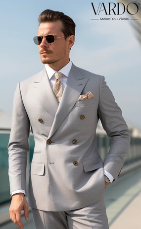 Light Grey Double Breasted Suit for Men Classic