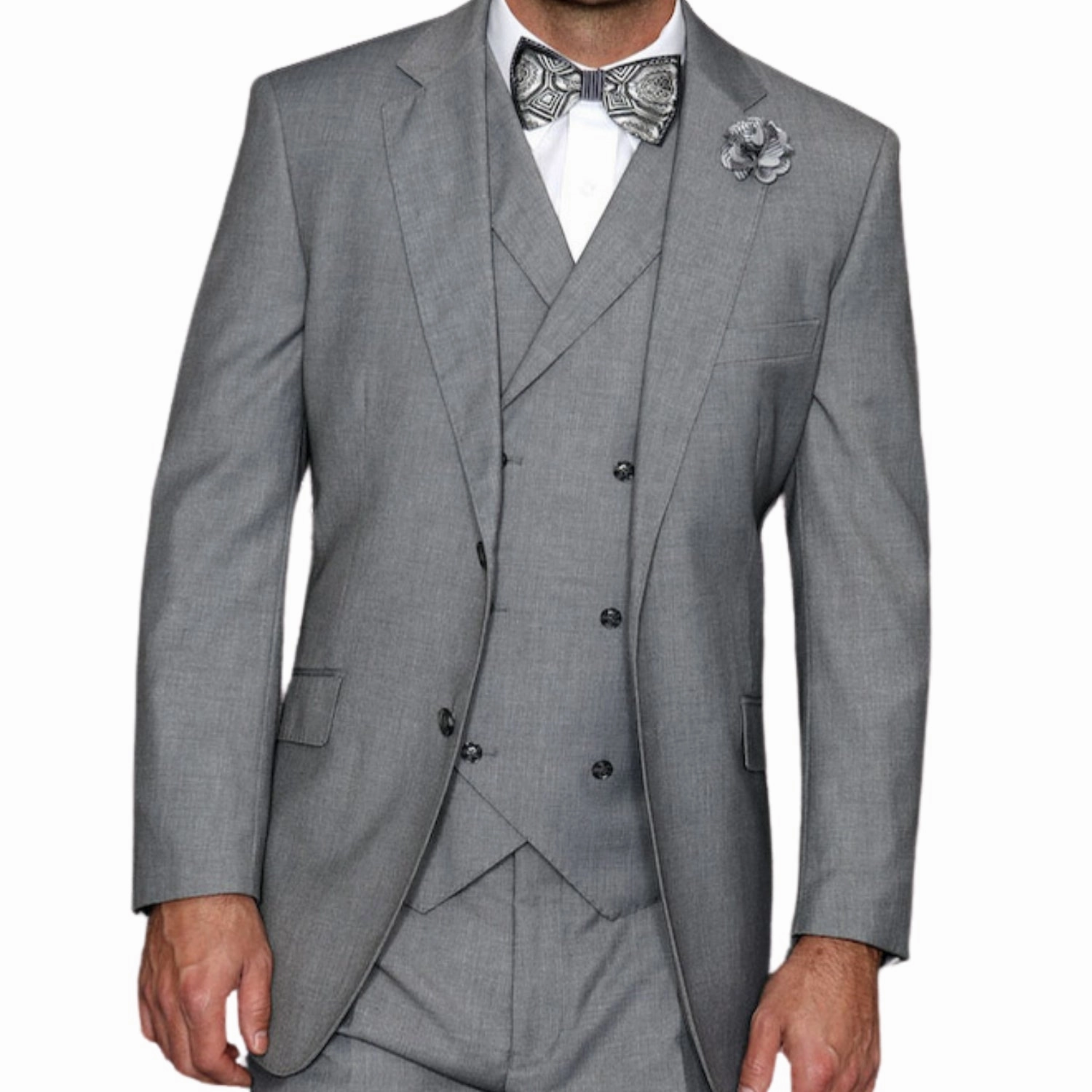 LunarLuxe Collection: Grey 3-Piece Suit with Double-Breasted Vest and Pleated Pants - Classic Fit