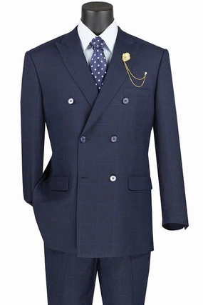 LuxLands Collection: Navy 2 Piece Glen Plaid Double-Breasted Regular Fit Suit