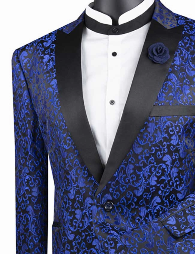 Luxnova Collection: Blue Jacquard Print Shawl Lapel Blazer – Regular Fit