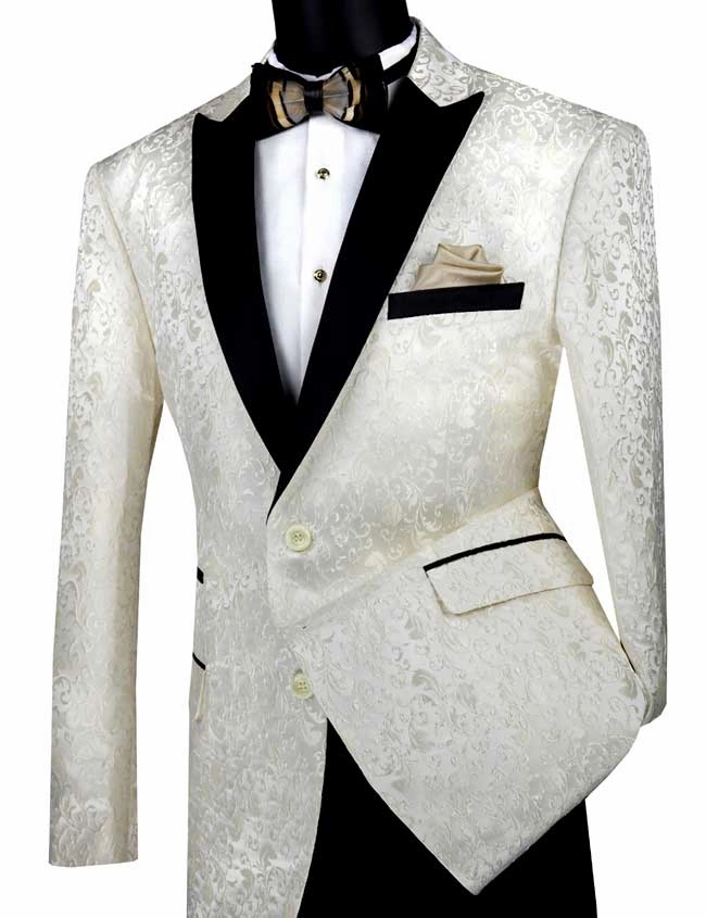 Luxnova Collection: Ivory Jacquard Print Shawl Lapel Blazer – Regular Fit