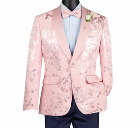 Maia Collection: Pink Floral Jacquard Slim Fit Blazer