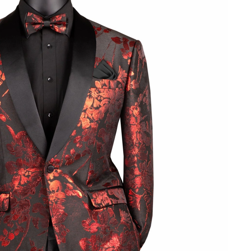 Maia Collection: Red Floral Jacquard Slim Fit Blazer