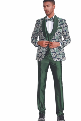Marquez Collection: Men's 4-Piece Slim Fit Suit with Shawl Collar In Green