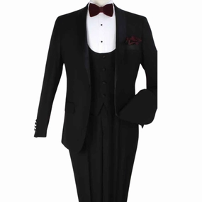 Men's Black Modern Fit 3-Piece Luxury Wool-Feel Tuxedo