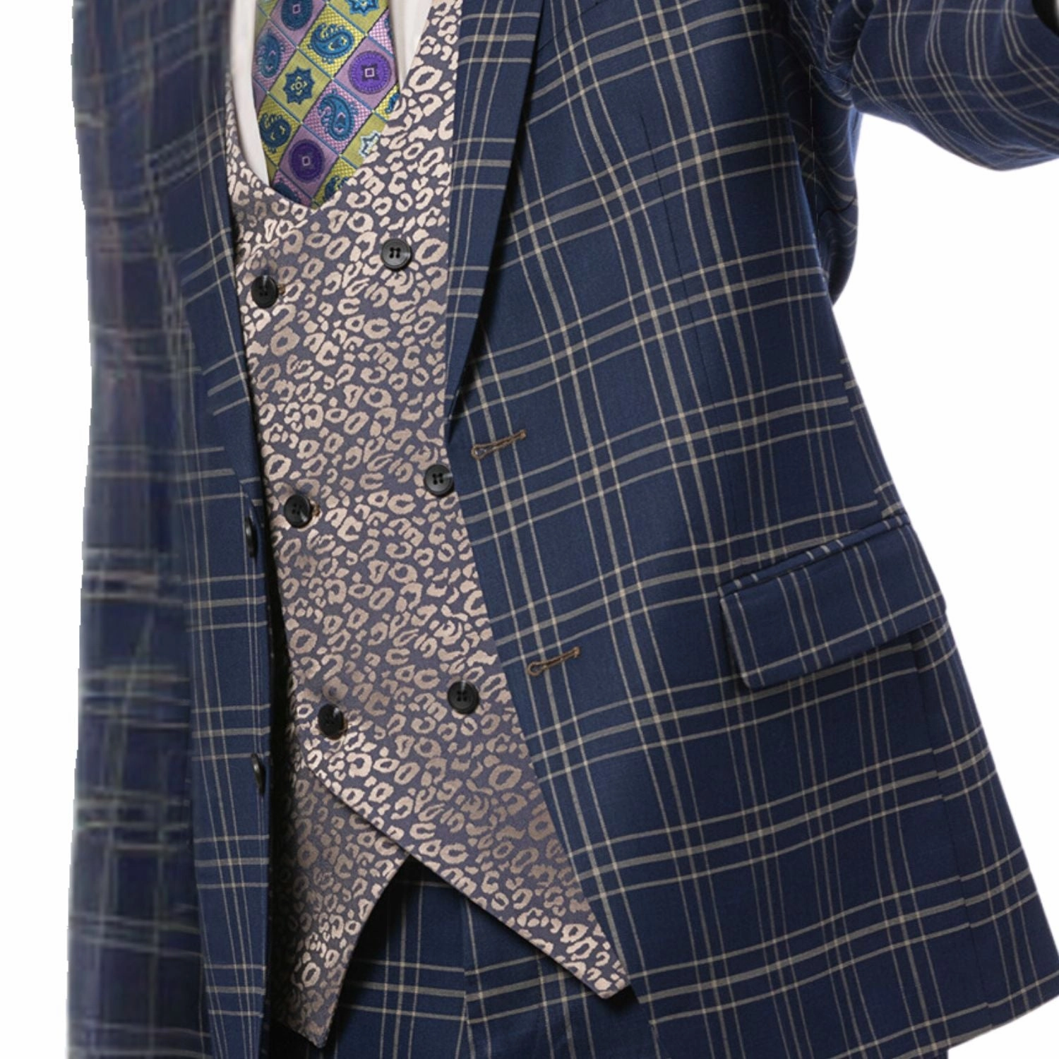 Men's Navy Blue Plaid Double-Breasted Suit