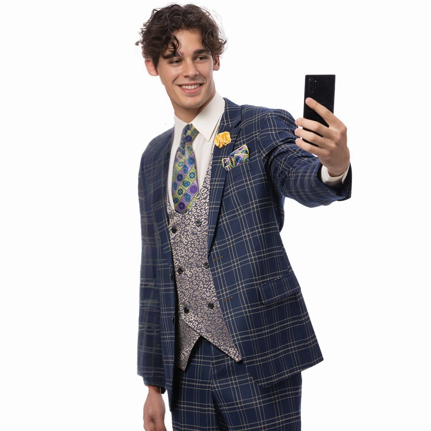 Men's Navy Blue Plaid Double-Breasted Suit