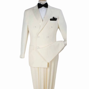 Men's Off White Modern Fit Double-Breasted Luxury Wool-Feel Tuxedo