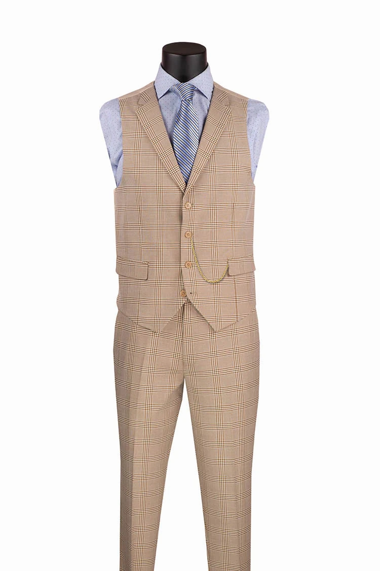 Men's Single Breasted Slim Fit Windowpane 3-Piece Suit in Beige