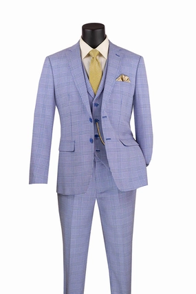 Men's Single Breasted Slim Fit Windowpane 3-Piece Suit in Sky Blue