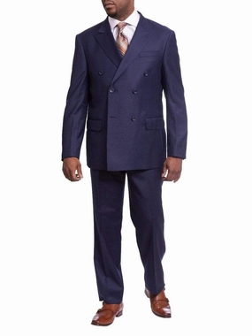 Mens Classic Fit Solid Navy Blue Double Breasted Wool Suit Peak Lapels
