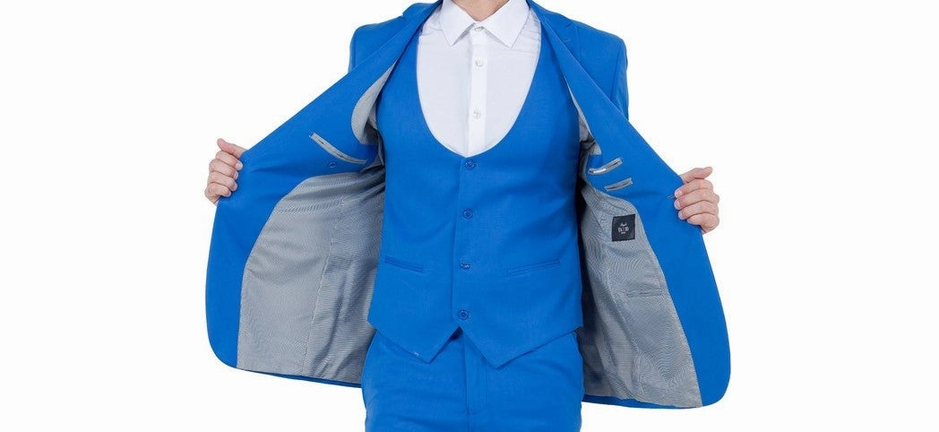 Midas Collection: Ultra Slim Three-Piece Suit with Peak Lapel in Blue