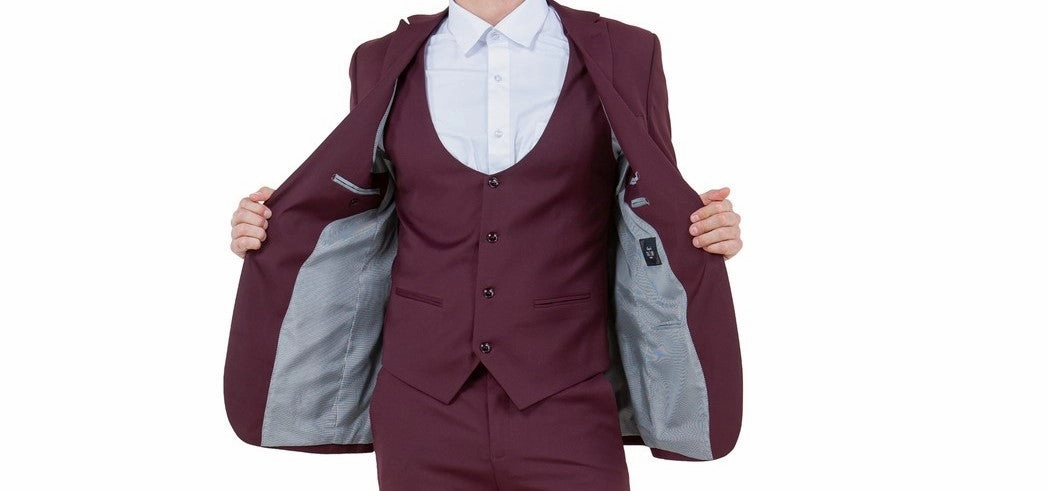 Midas Collection: Ultra Slim Three-Piece Suit with Peak Lapel in Burgundy