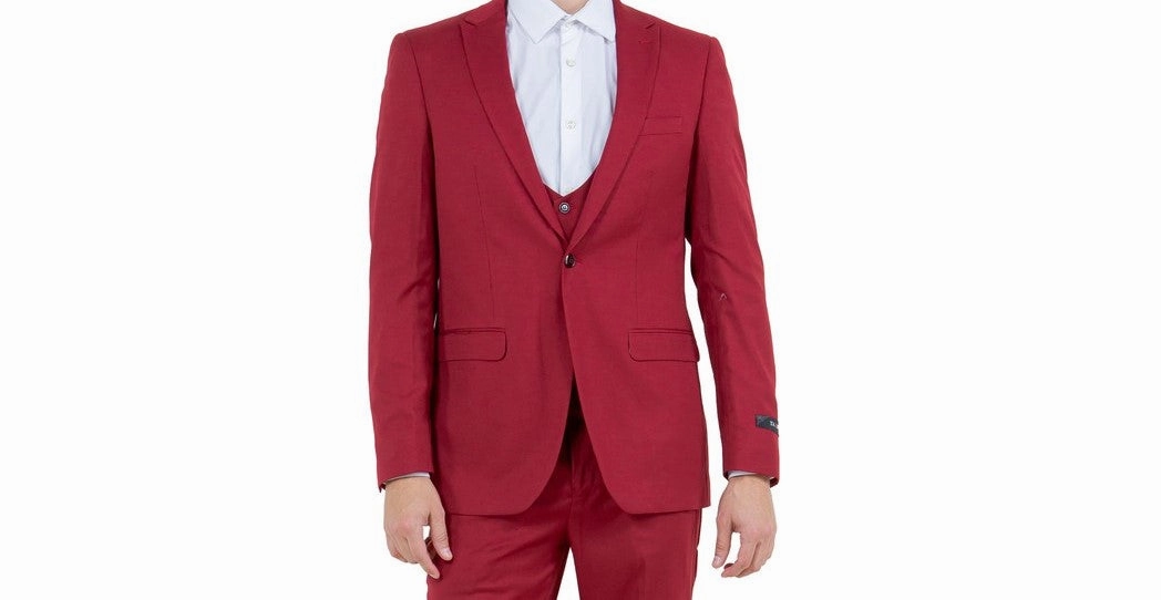 Midas Collection: Ultra Slim Three-Piece Suit with Peak Lapel in Cherry Red