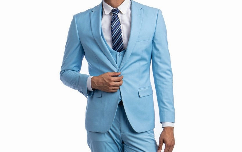 Midas Collection: Ultra Slim Three-Piece Suit with Peak Lapel in Sky Blue