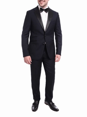 Napoli Slim Fit Navy Blue Check Two Button Wool Tuxedo Suit