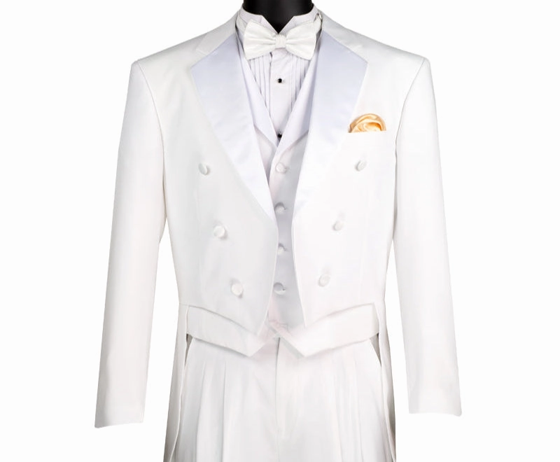Nashira Collection: Regular Fit White Tuxedo with Tails – 3-Piece with Vest and Pleated Pants