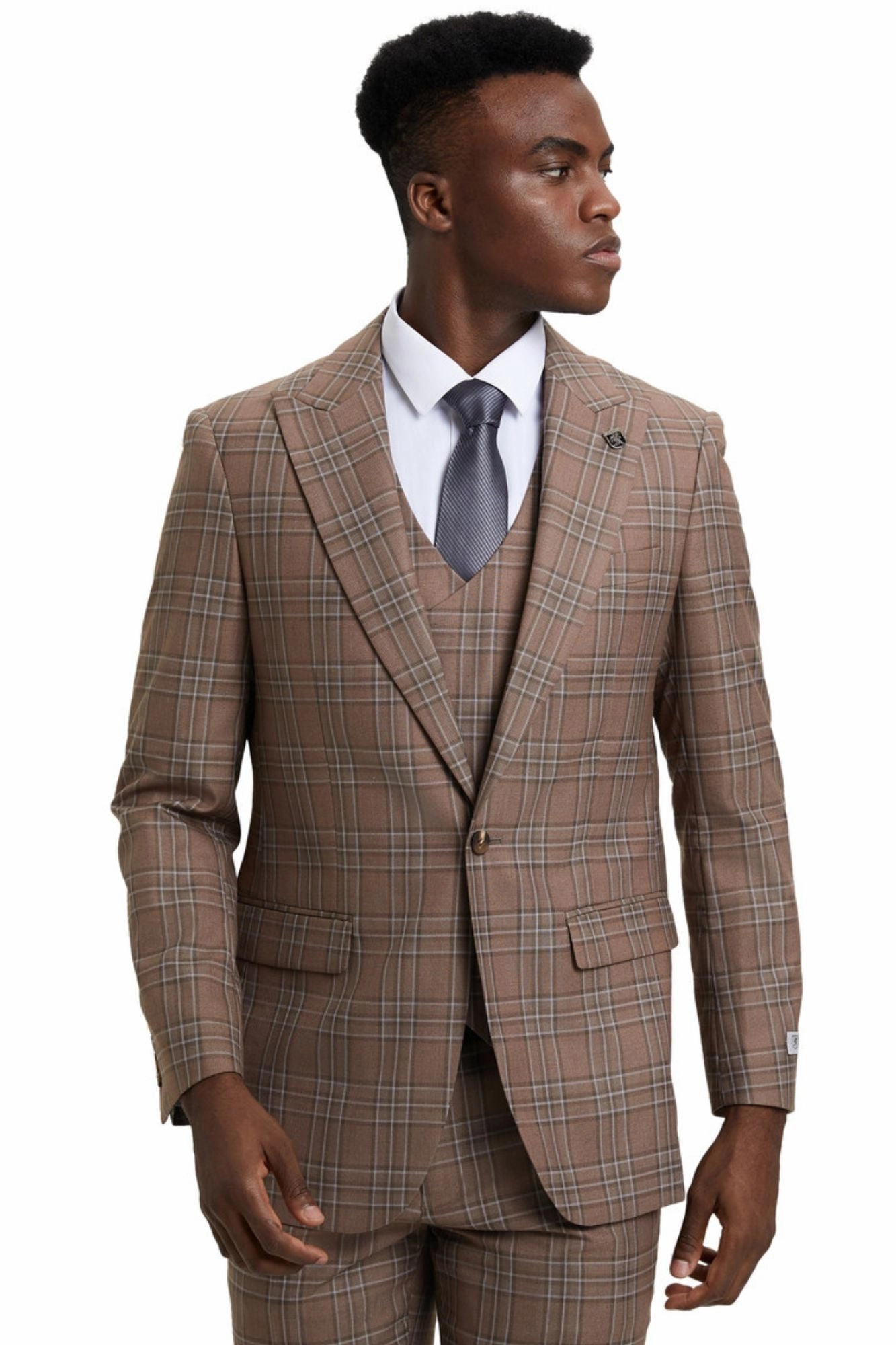 Nouvefy Collection: 3 Piece Plaid Hybrid Fit Suit In Brown For Men