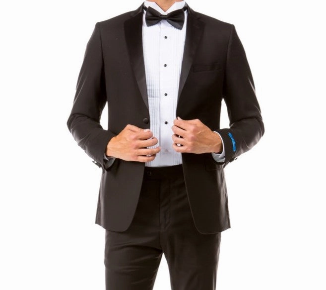 Obsidian Collection: Black Two-Piece Tuxedo with Satin Side Stripe Pants – Hybrid Fit
