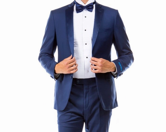 Obsidian Collection: Indigo Two-Piece Tuxedo with Satin Side Stripe Pants – Hybrid Fit