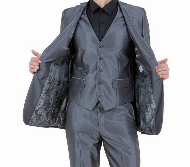 Odyssey Collection: Three-Piece Slim Fit Sharkskin Solid Suit in Dark Grey