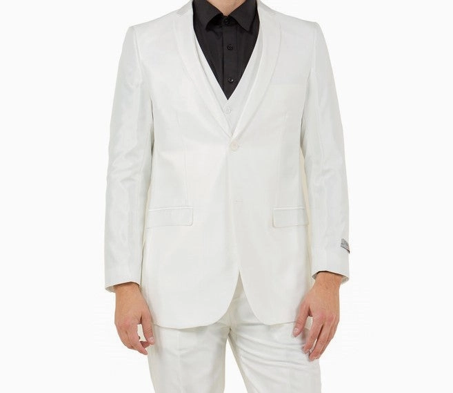 Odyssey Collection: Three-Piece Slim Fit Sharkskin Solid Suit in Ivory