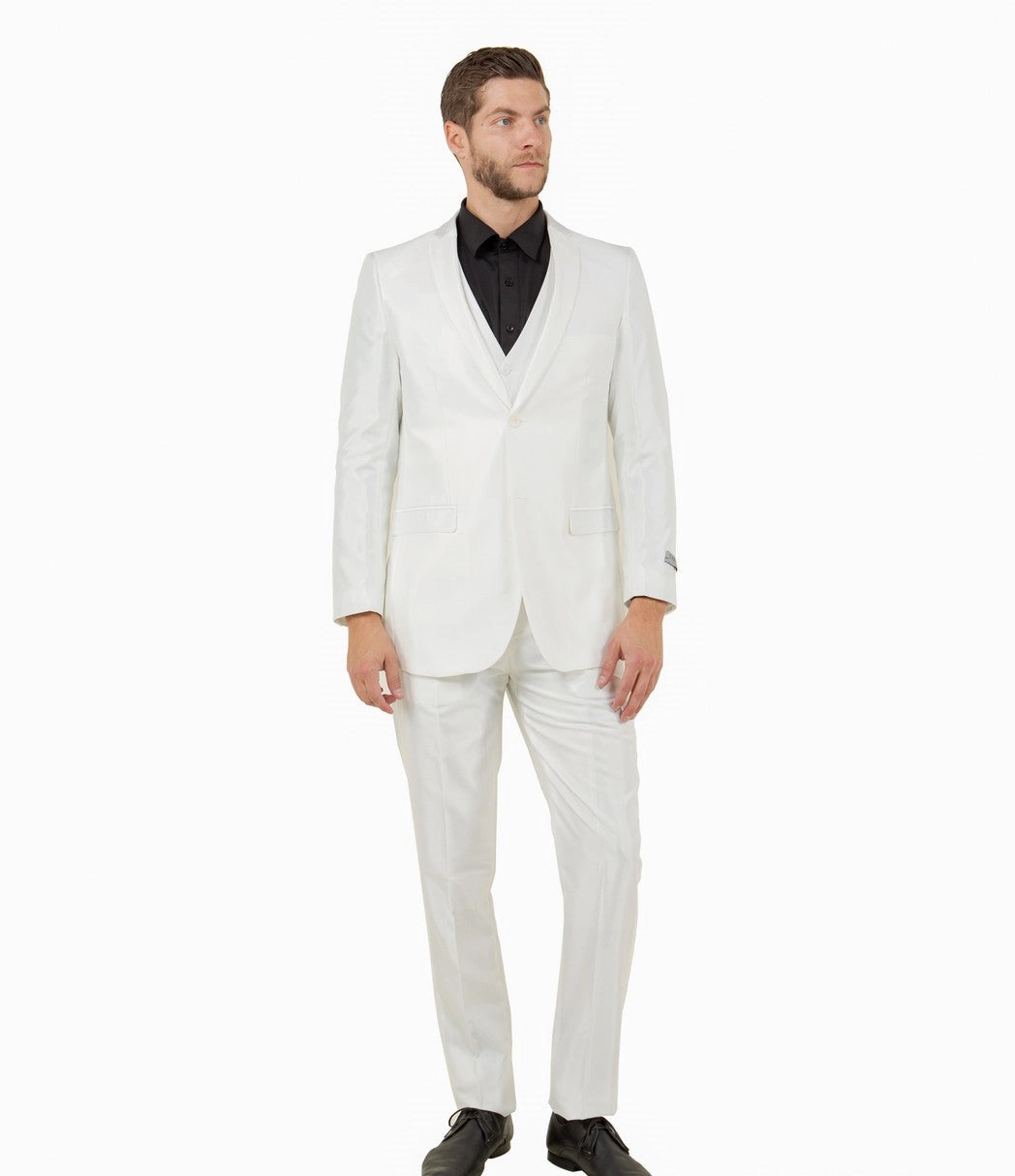 Odyssey Collection: Three-Piece Slim Fit Sharkskin Solid Suit in Ivory